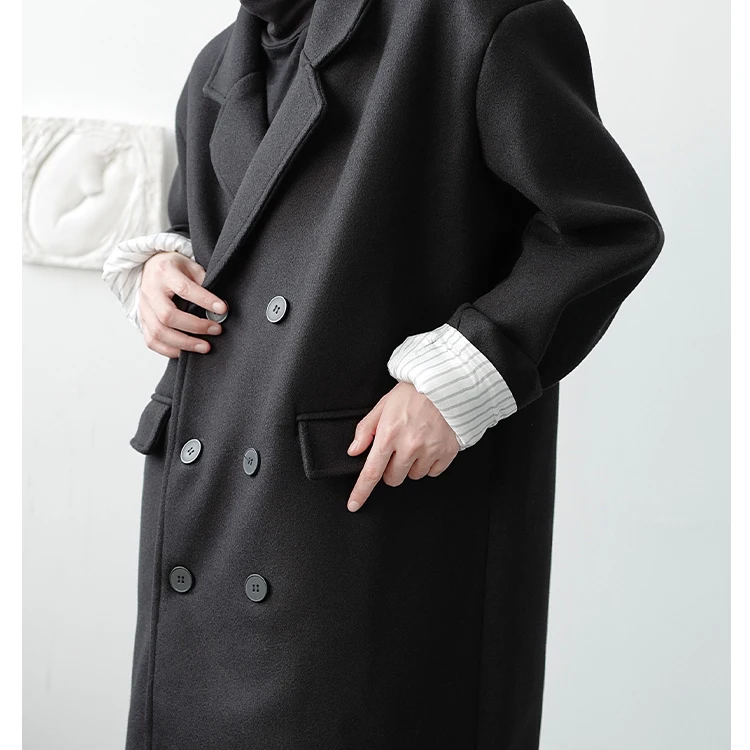 

Male Streetwear Vintage Trench Jacket Overcoat Men Winter Double Breasted Loose Long Casual Wool Trenchcoat Outerwear