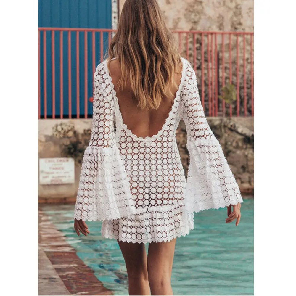 Летняя Пляжная Женская кружевная накидка на бикини женская сексуальная летняя