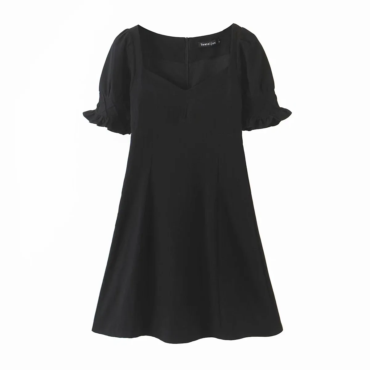 

TVVOVVVIN 2021 Summer French Vintage Square Neck Dress Fashion Bubble Sleeve Black Mini A-line Dress C8B5
