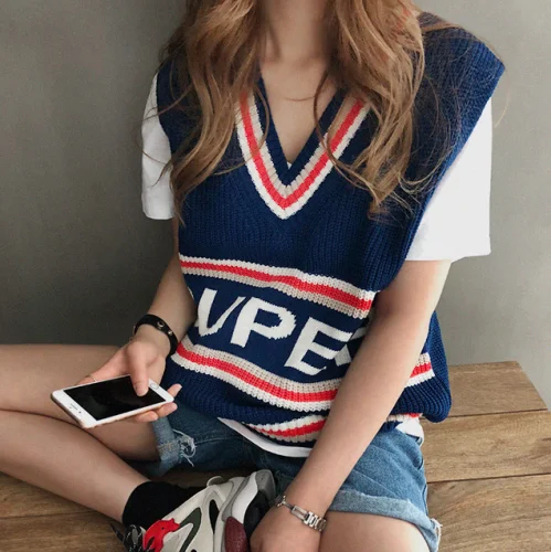 Женский вязаный свитер жилет 2020 корейский стиль Повседневный в полоску пэчворк v