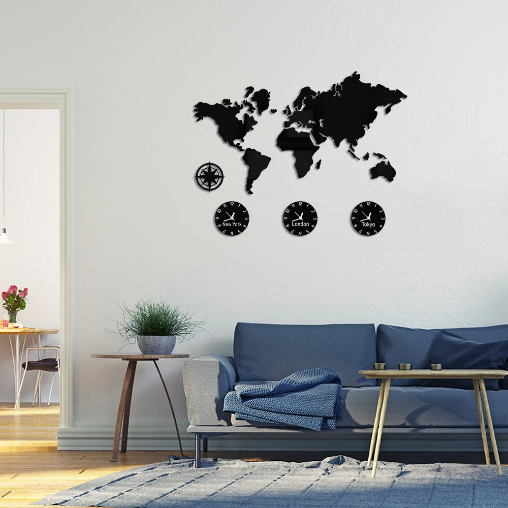 

World Map DIY 3D Large Wall Clock New York London Tokyo Modern Design Silent Watch Geography Art Travel Gift Idea