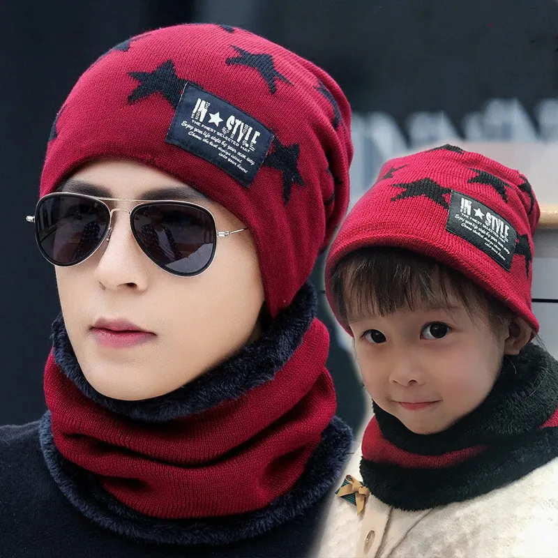 Новый Зимний вязаный комплект из шапки и шарфа с пентаграммой для родителей