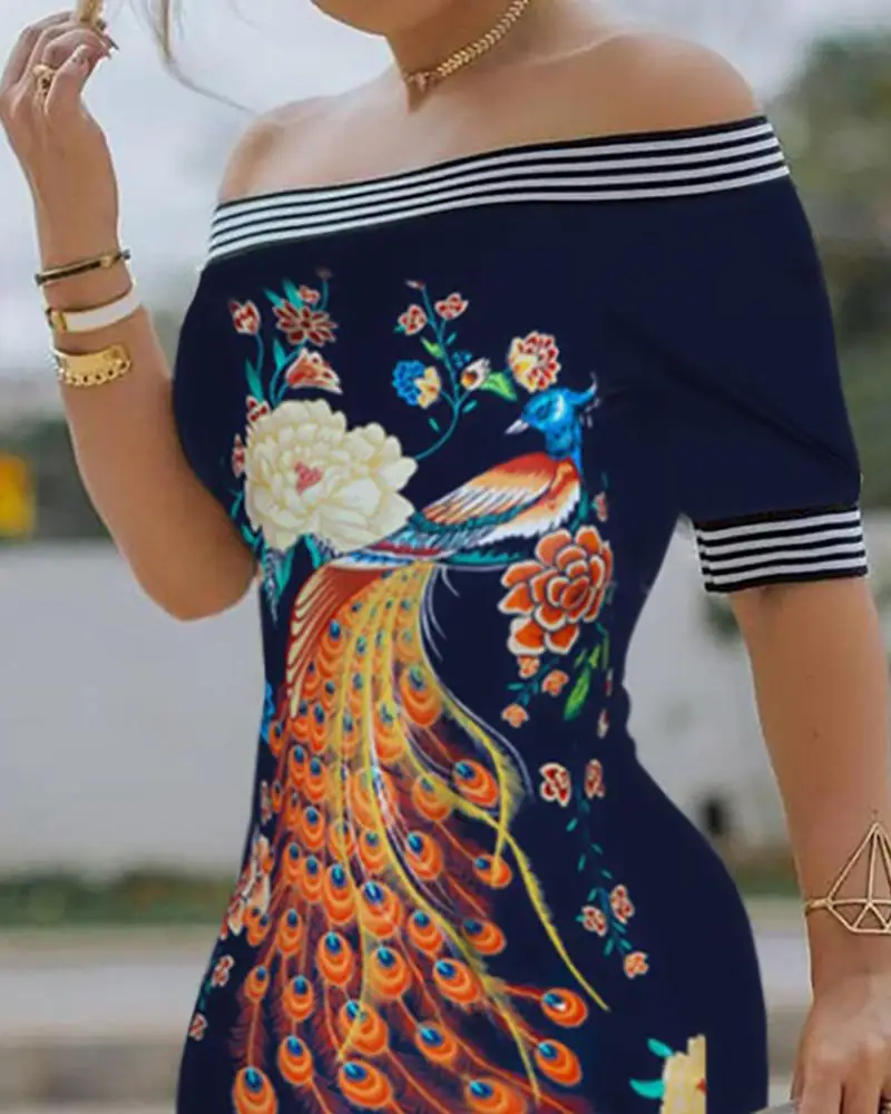 

Off Shoulder Dress Women Floral Peacock Print Striped Tape Bodycon Dress Elegant Ladies Party Dresses Summer 2020 Vestidos