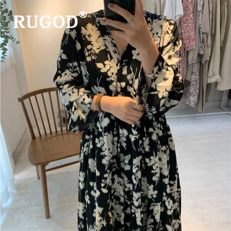 RUGOD 2020 весенние свободные шифоновые платья для женщин v образный вырез цветочный