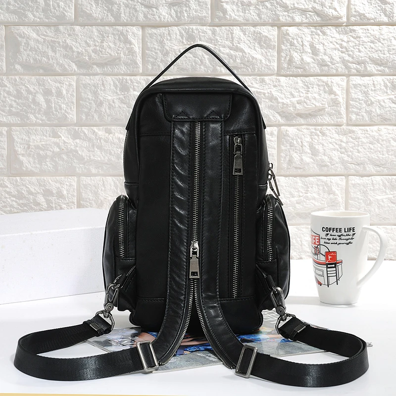 comprar Novo Design De Couro Genuíno Sacos Crossbody Para Homens Saco De Peito Pacote Casual Saco à Prova Dwaterproof água Bolsa Ombro Pacote Mini Mochila Mensageiro
