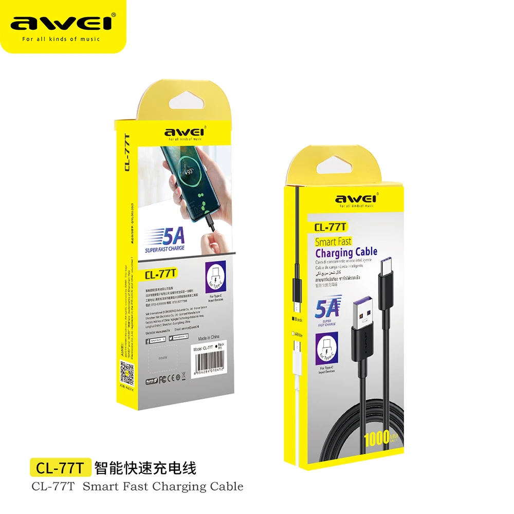 Наушники вкладыши Awei CL 77T 5A Быстрый зарядный кабель с разъемом USB Type C 40 Вт