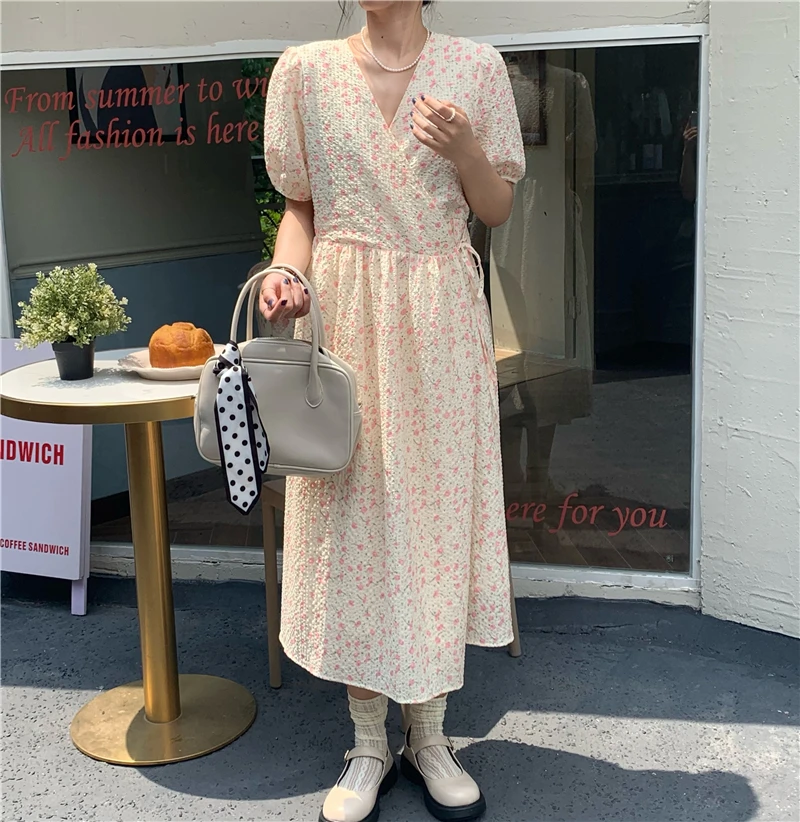 

Hzirip Summer New V-Neck Puff Sleeve Floral One Piece Bandage 2021 Hot Casual Chic Fashion Gentle Elegant Ladies A-Line Dress