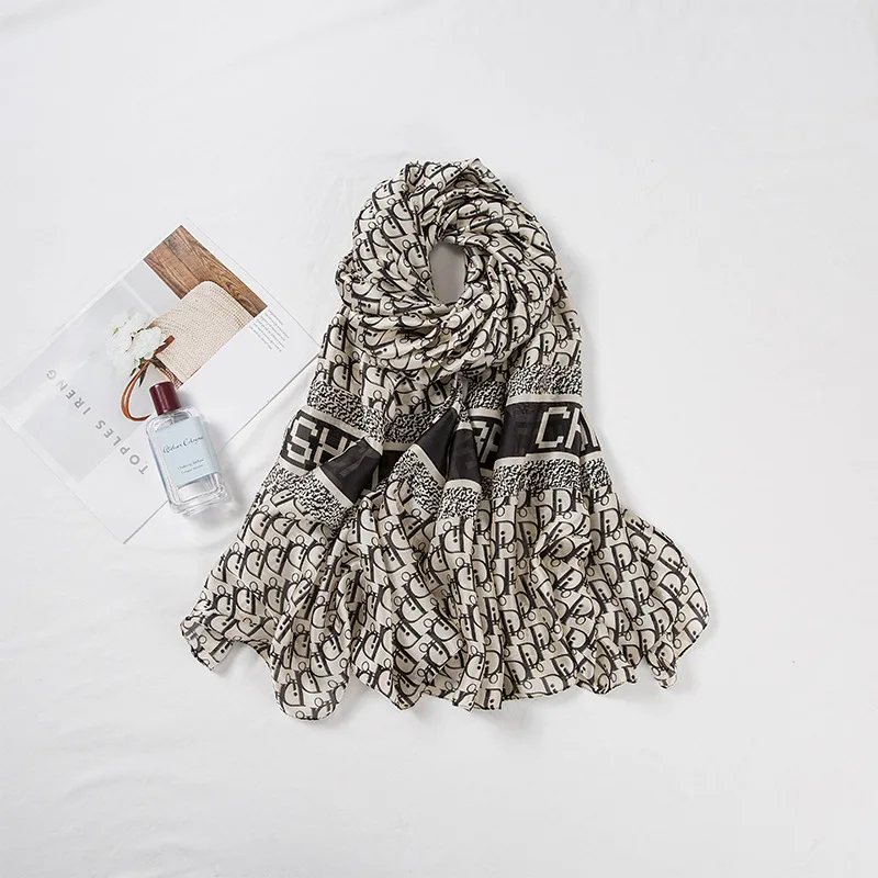 

New Ladies Scarf Summer Letter Printing 90*180cm Silk Scarves Spring and Autumn Wild Oversized Shawl Wild Beach Towel