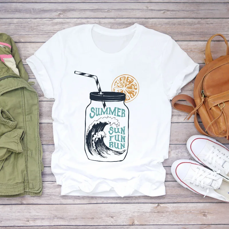 

Women Beach Ocean Wave Tree Geometric Printing Clothes Lady T-shirts Top Womens T Shirt Ladies Graphic Female Tee T-Shirt