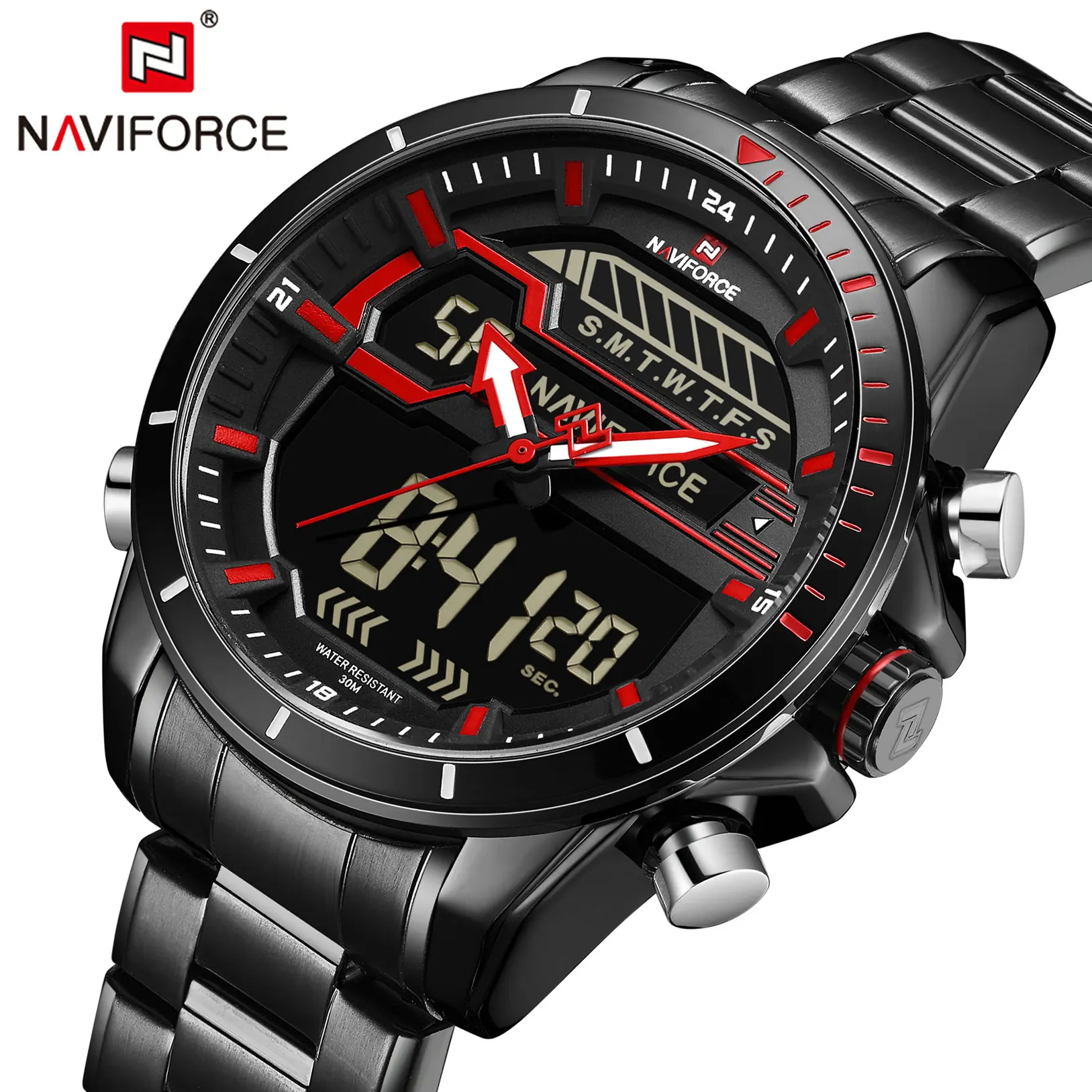 NAVIFORCE кварцевые часы в стиле милитари с двойным временем мужские черным стальным