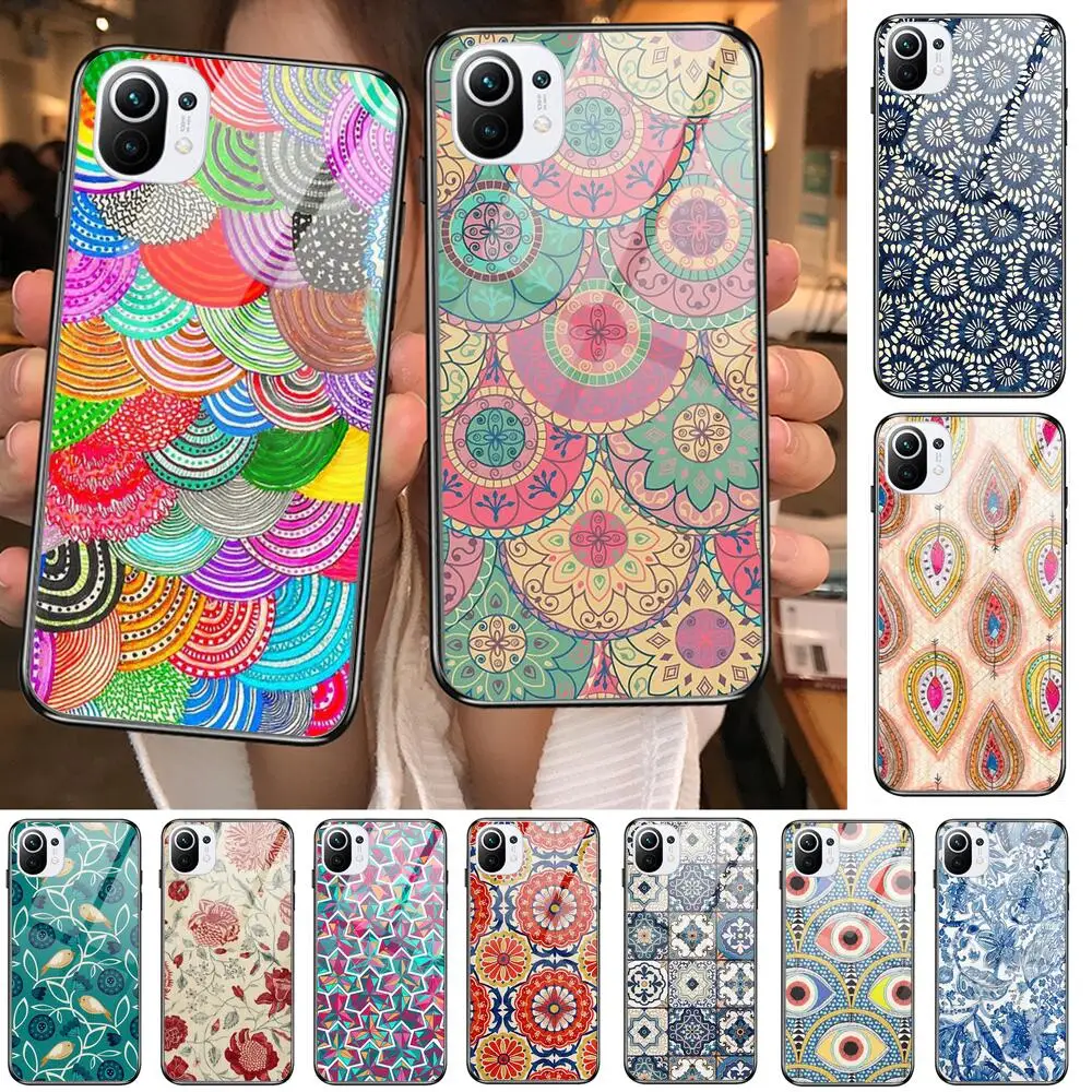 

Vintage Indian Floral Henna Mandala Yoga Ethnic Tempered Glass Phone shell Case For xiaomi redmi 11 Lite pro Ultra 10T 10 9 8 cc