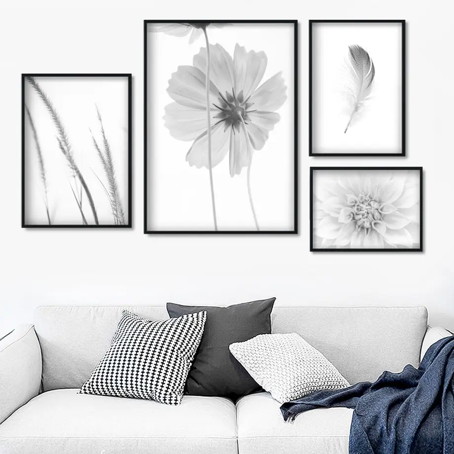 

Art Canvas Painting Daisy Grass Feather Wall Landscape Nordic Posters And Prints Black White Wall pictures For Living Room Decor