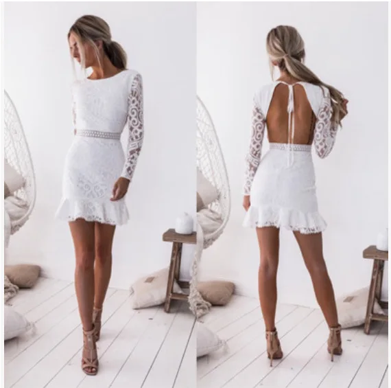 

2018 sexy and club lace hollow out sheath woman dress empire long sleeve O-neck solid backless mini female dress lady