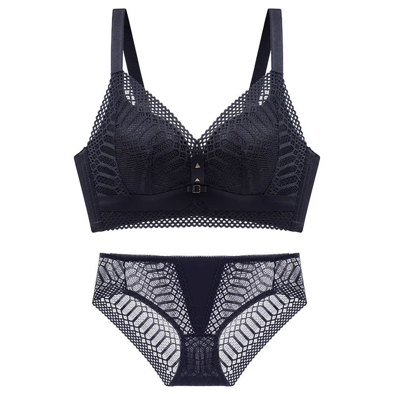 

2021 New Sexy Lace Underwear Set European and American Lace Without Steel Ring Bra Gather Seamless Ruffled Plus Size Bra Set