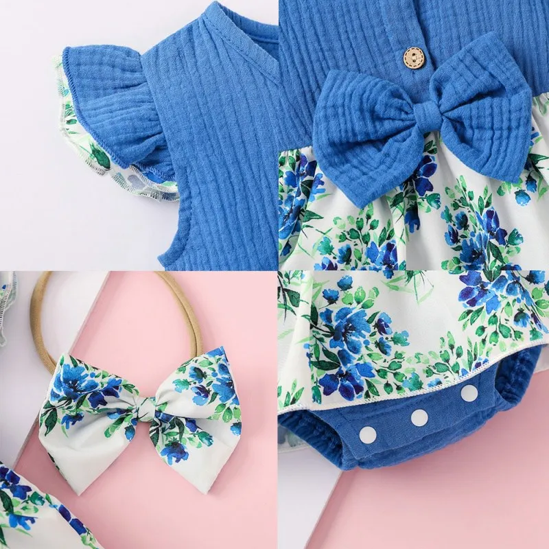 

Newborn Baby Girls Clothes Summer Casual Jumpsuit Set Infant Girl Cotton Linen Flare Sleeve Floral Print Bodysuit Dress+Headband