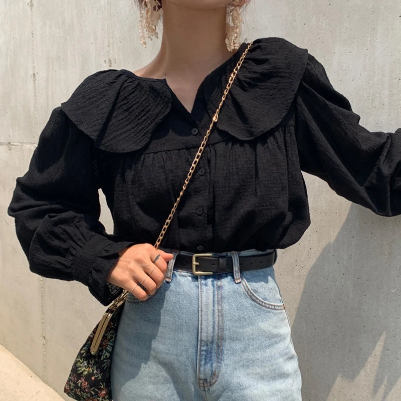 RICININA воротник Питер Пэн черная блузка для женщин длинный рукав фонарик оборки