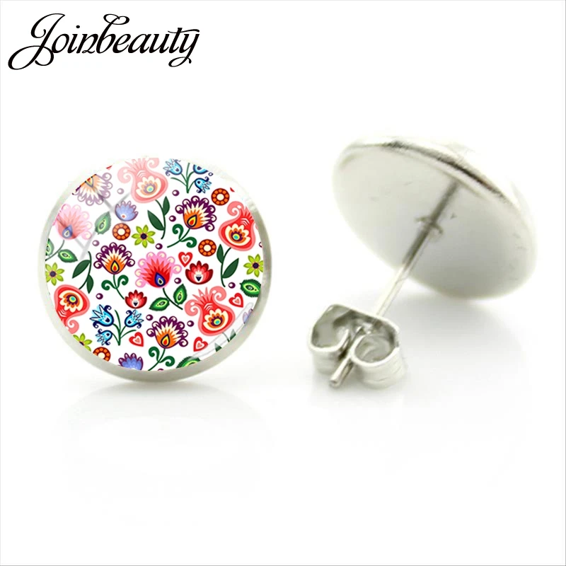 

JOINBEAUTY Polish Folk Flower Printing Stud Earrings Glass Cabochon Metal Color Earring Christmas Gifts For Women Girl PF32