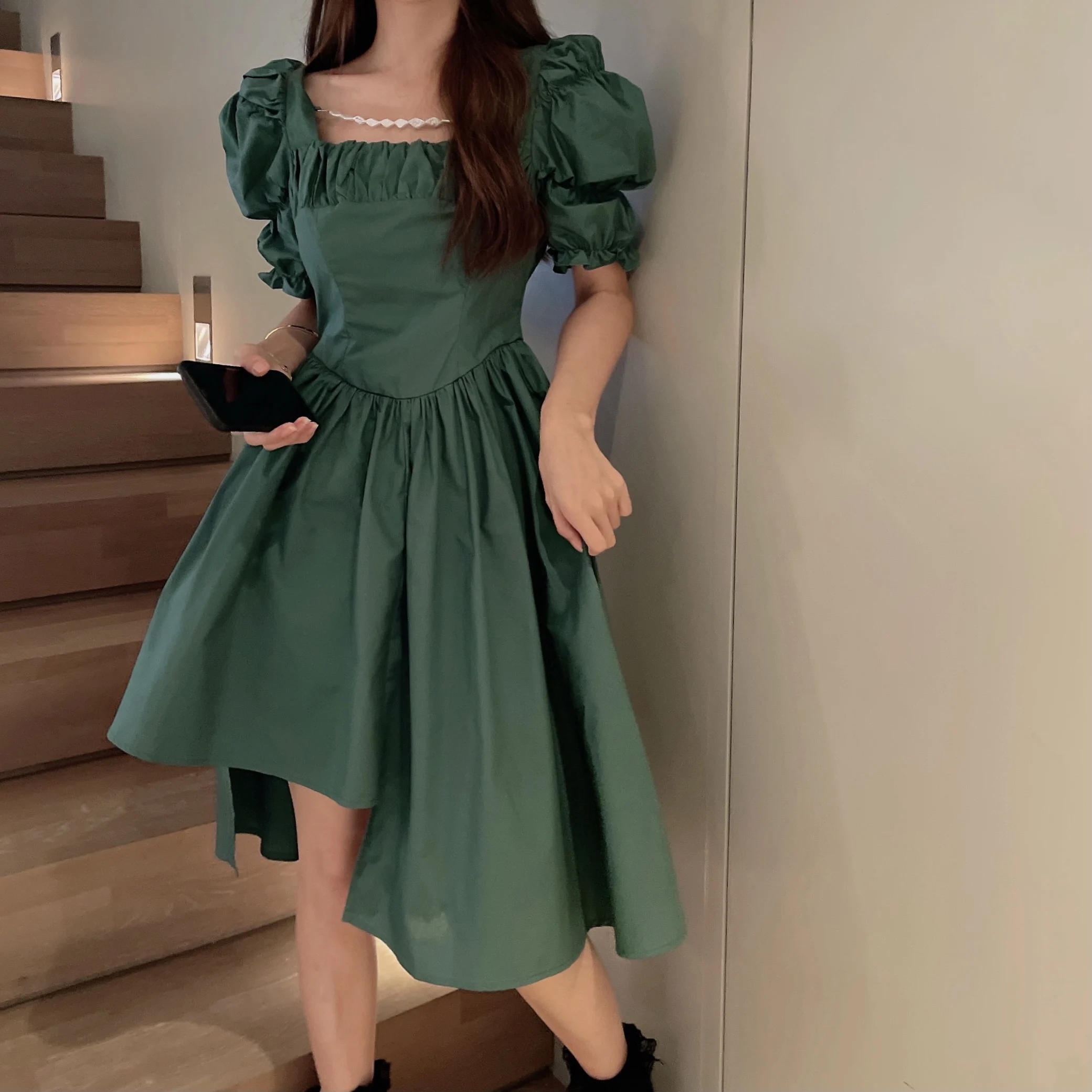 

French irregular bubble sleeve dress women's 2021 summer new plus size ruched dress womens formal dresses