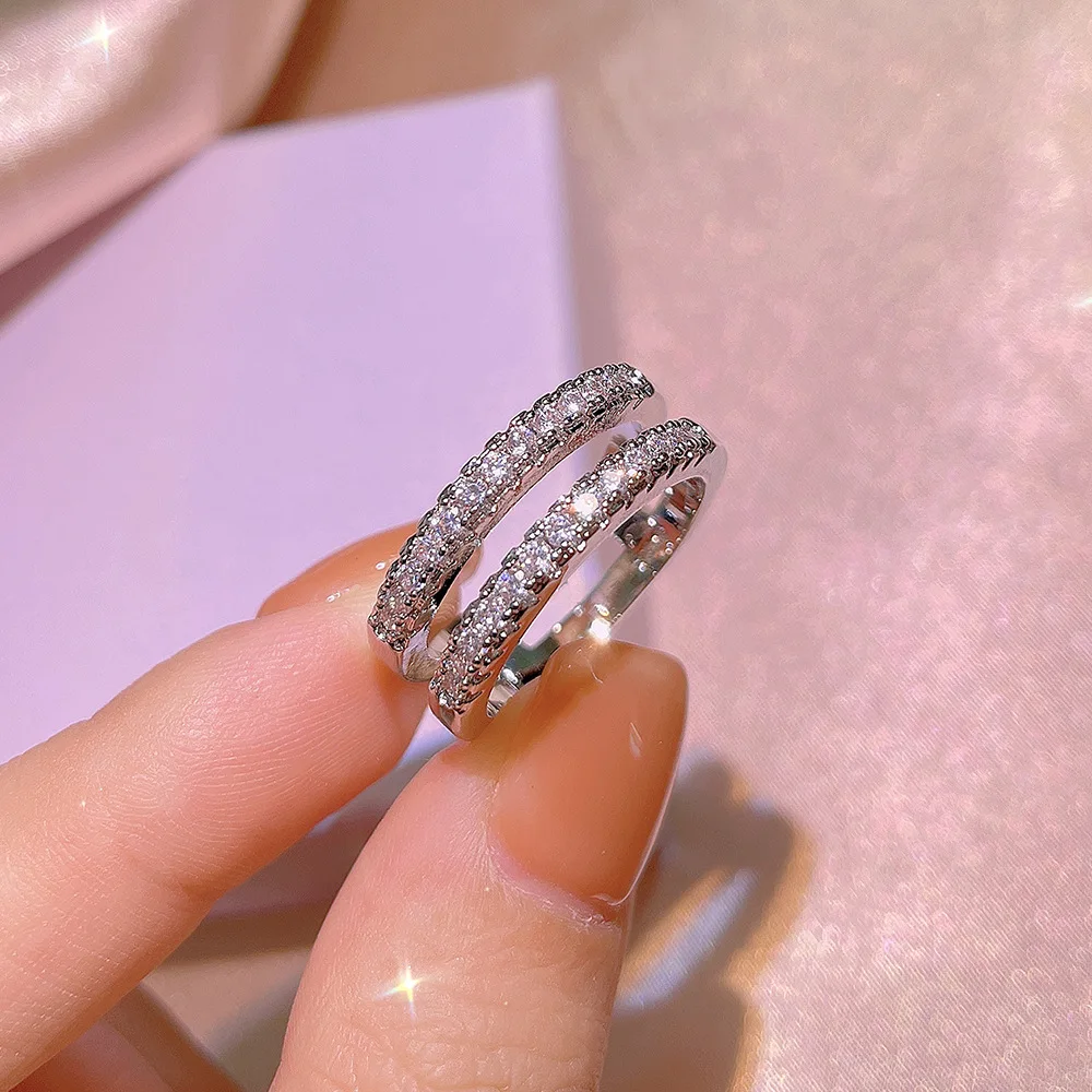 

Simple Double Circle Design Full Clear Micro Cubic Zircon Wedding Engagement Rings for Women Fashion 925 Sterling Silver Jewelry