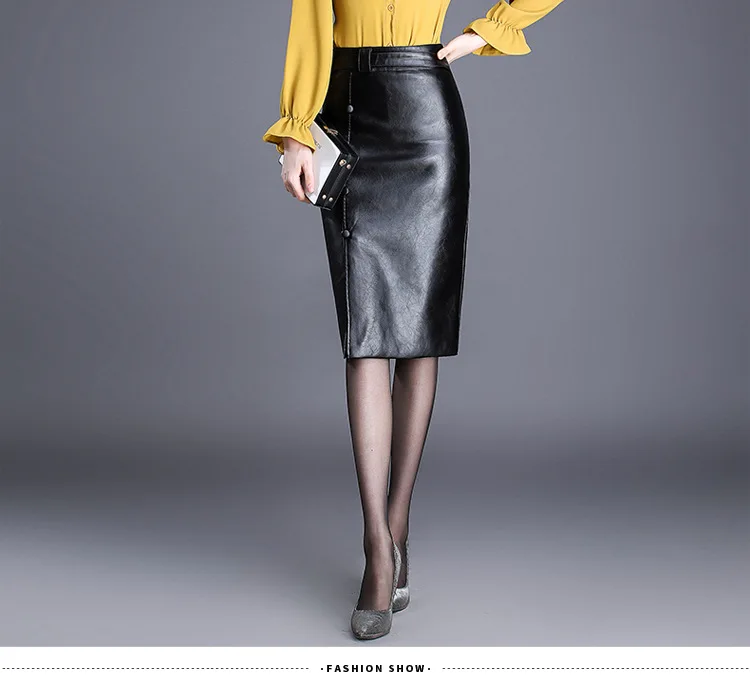 

Autumn Winter Leather Skirt Women High Waist Slim Fit Black Skinny Pencil Skirts Office Lady Elegant Plus Size PU Leather Skirt