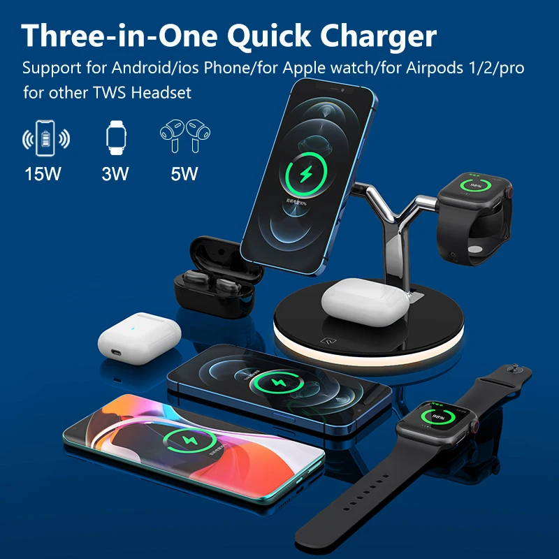 

3 in 1 15W Fast Wireless Magnetic Charger For iPhone 12 12 Pro Max Magnetic Charger for Apple Watch 6 5 4 For AirPods Pro 2