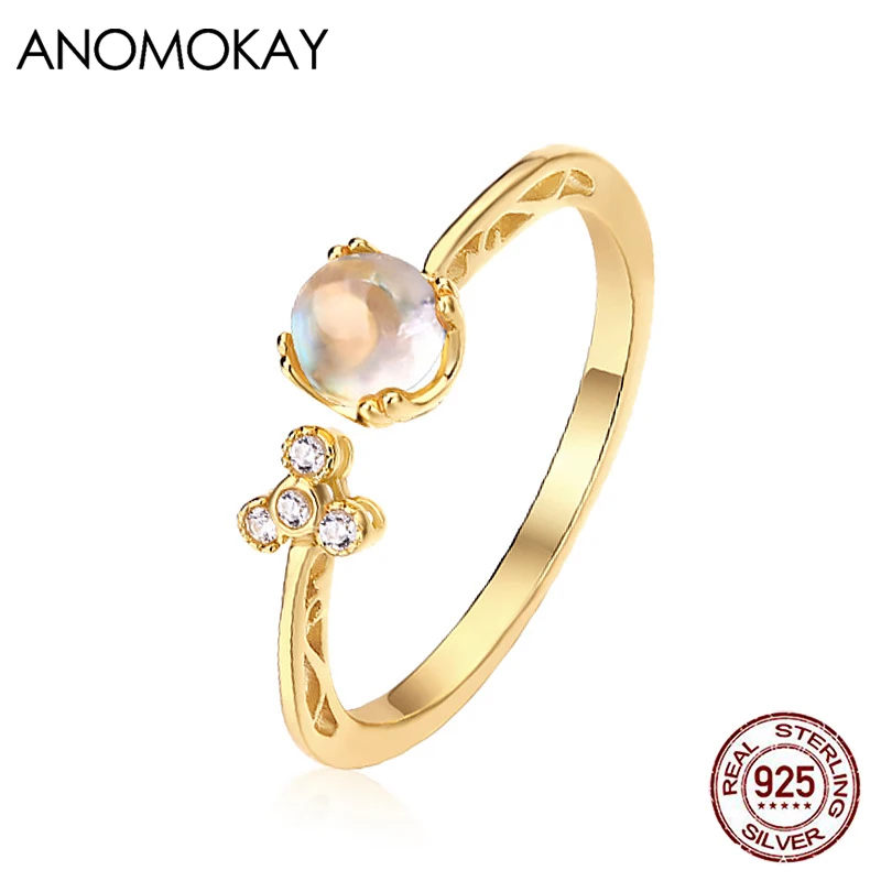 

Женское кольцо с натуральным лунным камнем anomook, белое кольцо из стерлингового серебра 925 пробы с открытым золотом, подарок на день рождения
