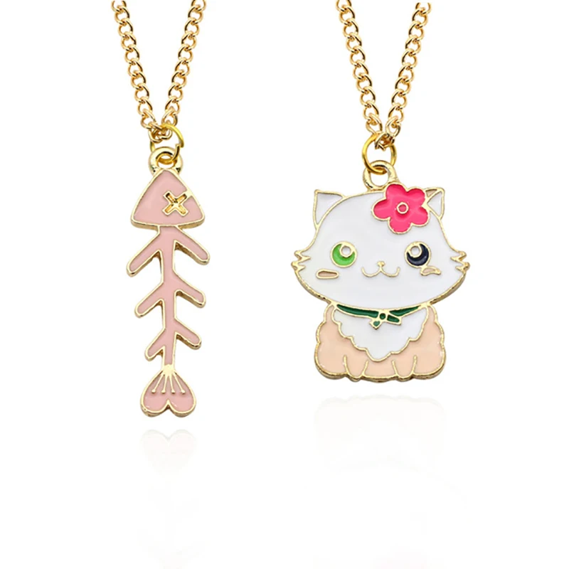 

DIY Anime Fashion Cat Fish Bone Pendant Cartoon Enamel Necklace Necklace Gold Chain Cartoon Cat and Fish Party Birthday Gift
