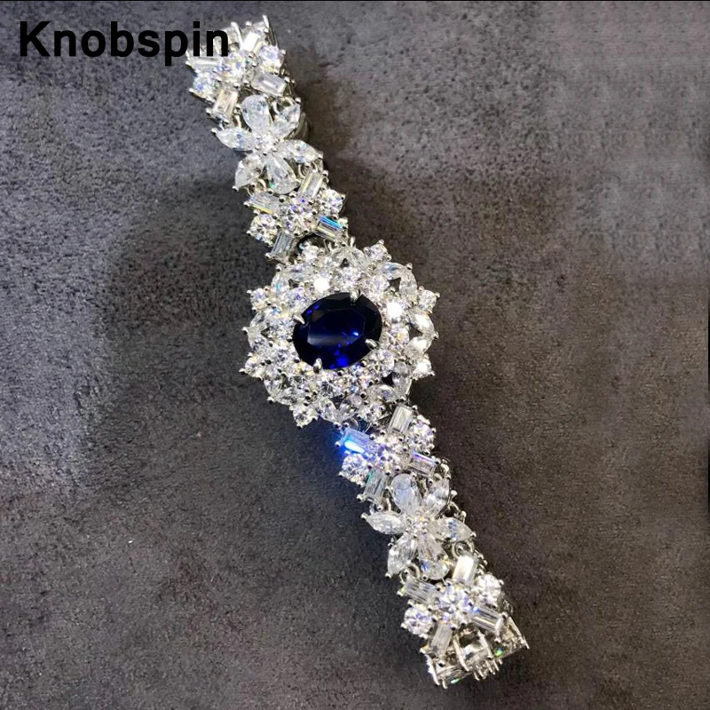 Review knobspin 100% 925 Sterling Silver Full-Flowers Super Shining Blue Bracelets For Girl Friend Wedding Engagement Fine Jewelry