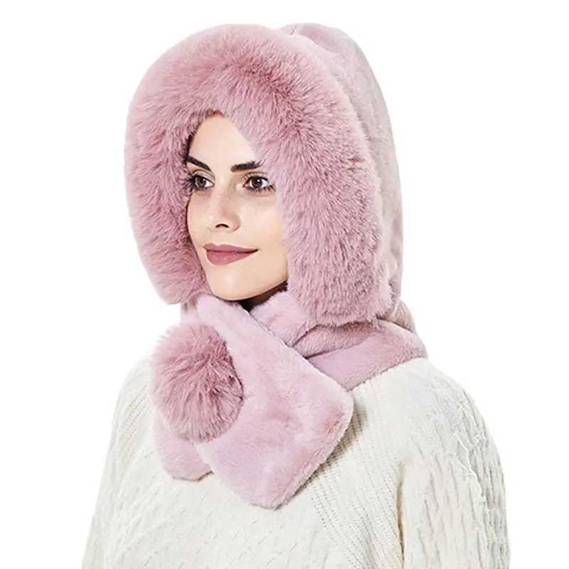 

2 в 1 зимний женский пушистый шарф с капюшоном, шапка, теплые плюшевые шапочки, обогреватель для шеи с зеленым помпоном для дам