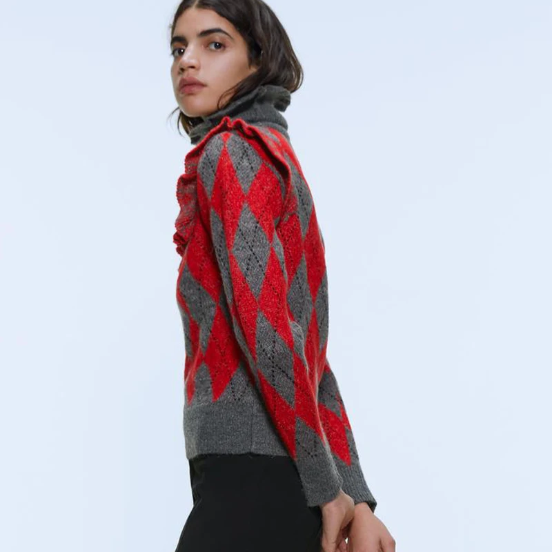 ZOEPO каскадные свитера с Аргайлом женская мода зимняя водолазка тонкий свитер