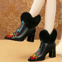 women cow leather chunky high heels riding boots high top rabbit fur platform pumps shoes pointed toe winter wedding party shoes