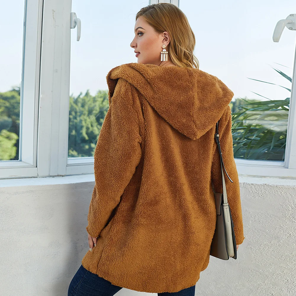 Женская Толстая плюшевая одежда Коричневое Пальто размера плюс с капюшоном и