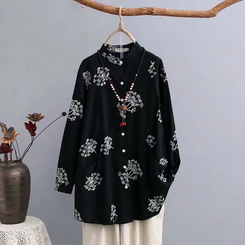 Женская хлопковая блузка с вышивкой и воротником стойкой повседневная