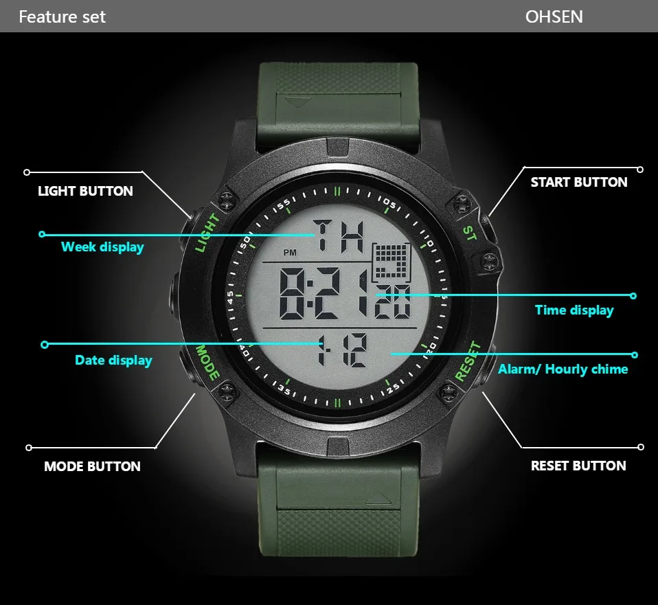 Ohsen цифровой бренд lcd красные мужские часы для мальчиков reloj hombre 50M Dive хаки силиконовый ремешок для спорта на открытом воздухе наручные часы мужские подарки