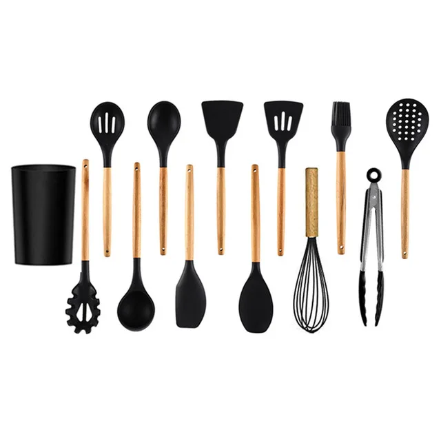 13pcs 5-13 шт силиконовые инструменты для приготовления пищи набор кухонной посуды с ящиком для хранения токарные щипцы шпатель с деревянной ручкой Антипригарная посуда - Цвет: 13pcs