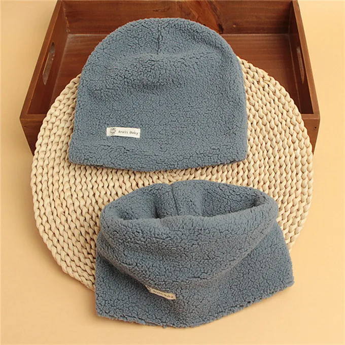 plush blue Осенне-зимний Хлопковый вязаный детский комплект из 2 предметов, шапка с воротником для мальчиков и девочек, Одноцветный шарф, шапка, комплект из 2 предметов - Цвет: plush blue