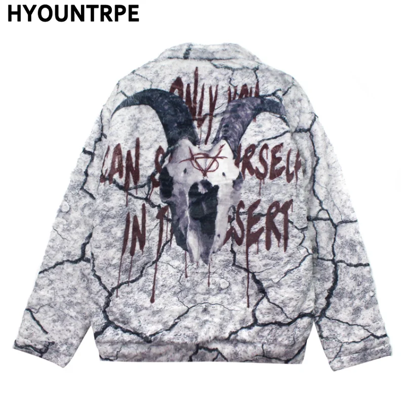Mens Hip Hop Evil Harajuku Printed Fleece Jackets Coats Hairy Buttons Loose Outerwears Warm Stand Collar Thick Streetwear Parkas
