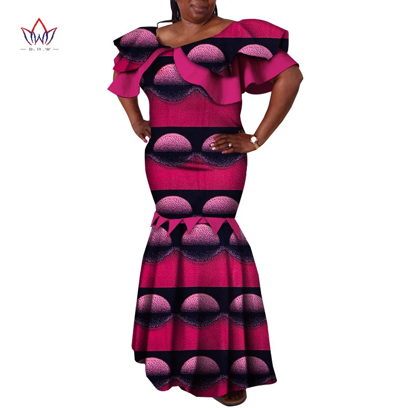 

African Bazin Riche Dresses for Woman 2021 African Clothing Wax Print Mermaid Angle-length Party Dresses Dashiki Clothes WY2452