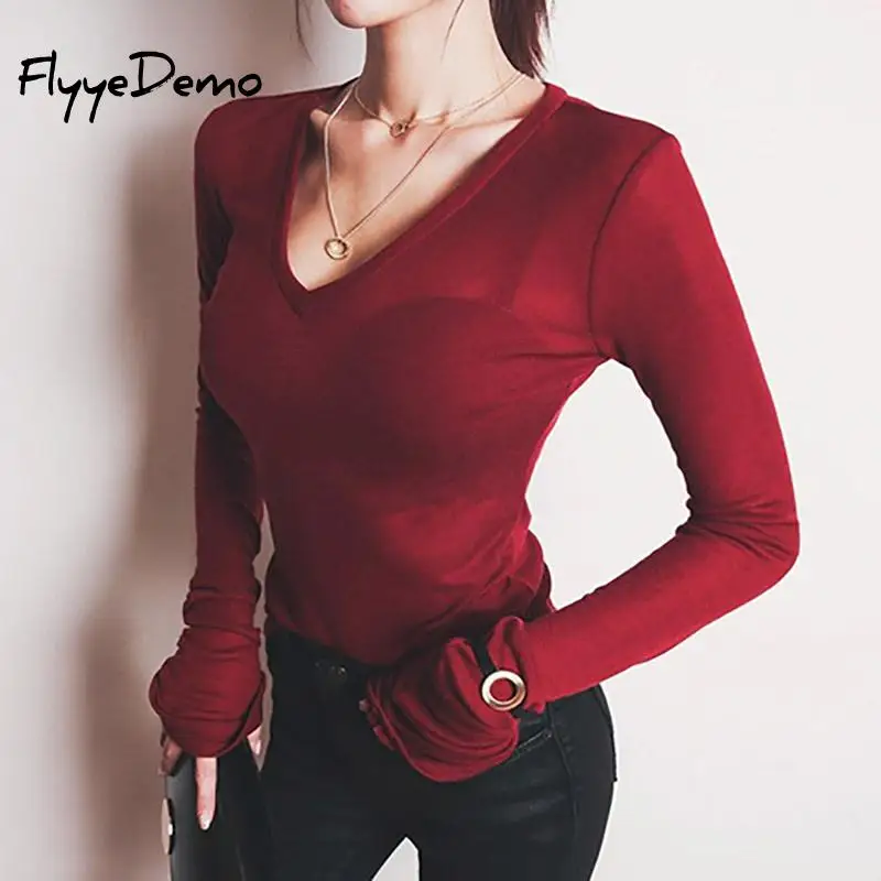 

Sexy V Neck Thin T-shirt See Through Slim High Quality Plain T Shirt Women Elastic Basic T-shirts Female Korean Style Tops