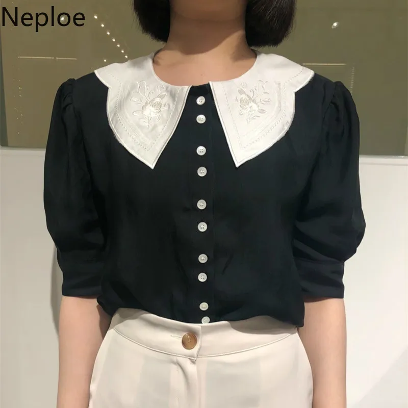 Однобортная блузка Neploe женская рубашка с вышивкой воротником Питер Пэн и пышными