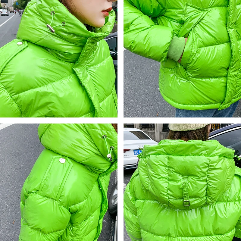 

Female Cold Coat Short Style Solid Plus Size Women's Winter Jacket Hooded Shiny Loose Stand Collar Oversized Casual Women Parka