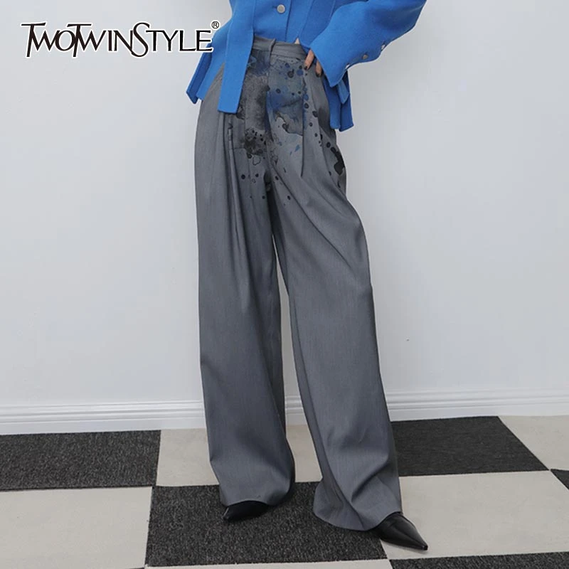 Женские широкие брюки TWOTWINSTYLE свободные длинные с принтом рюшами высокой талией