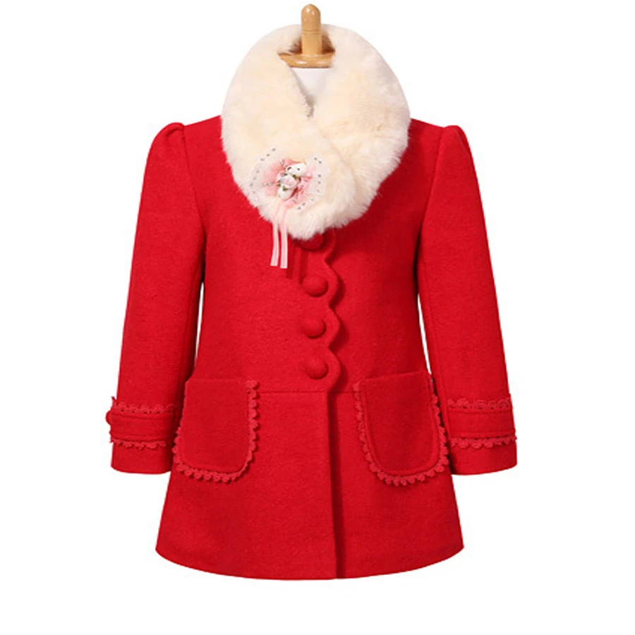 2022 Kids Children Girls Woolen Jacket Pink Thick Big Fur Collar Woolen Coat Princesses Kids Autumn Winter Wedding Party Clothes