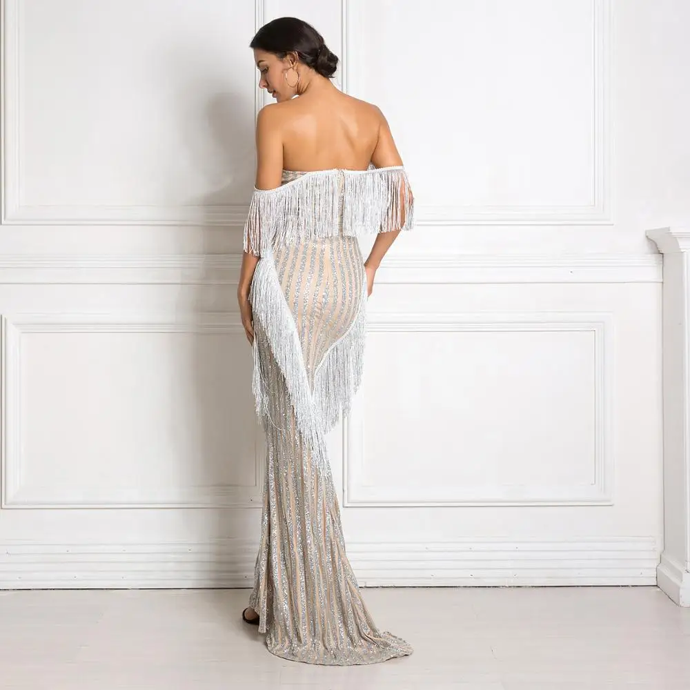 сексуальные платье с бахромой в полоскуБлестящее без бретелек плеча макси для