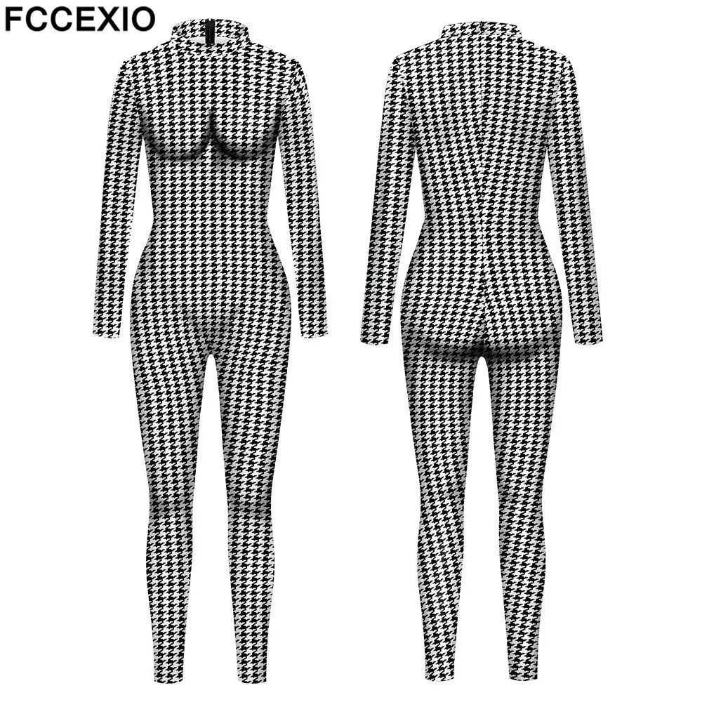

FCCEXIO Streetwear White Grid Sexy Bodycon Fashion Jumpsuit Women Overall 2021 Long Sleeve Skinny Rompers Womens Jumpsuit Female