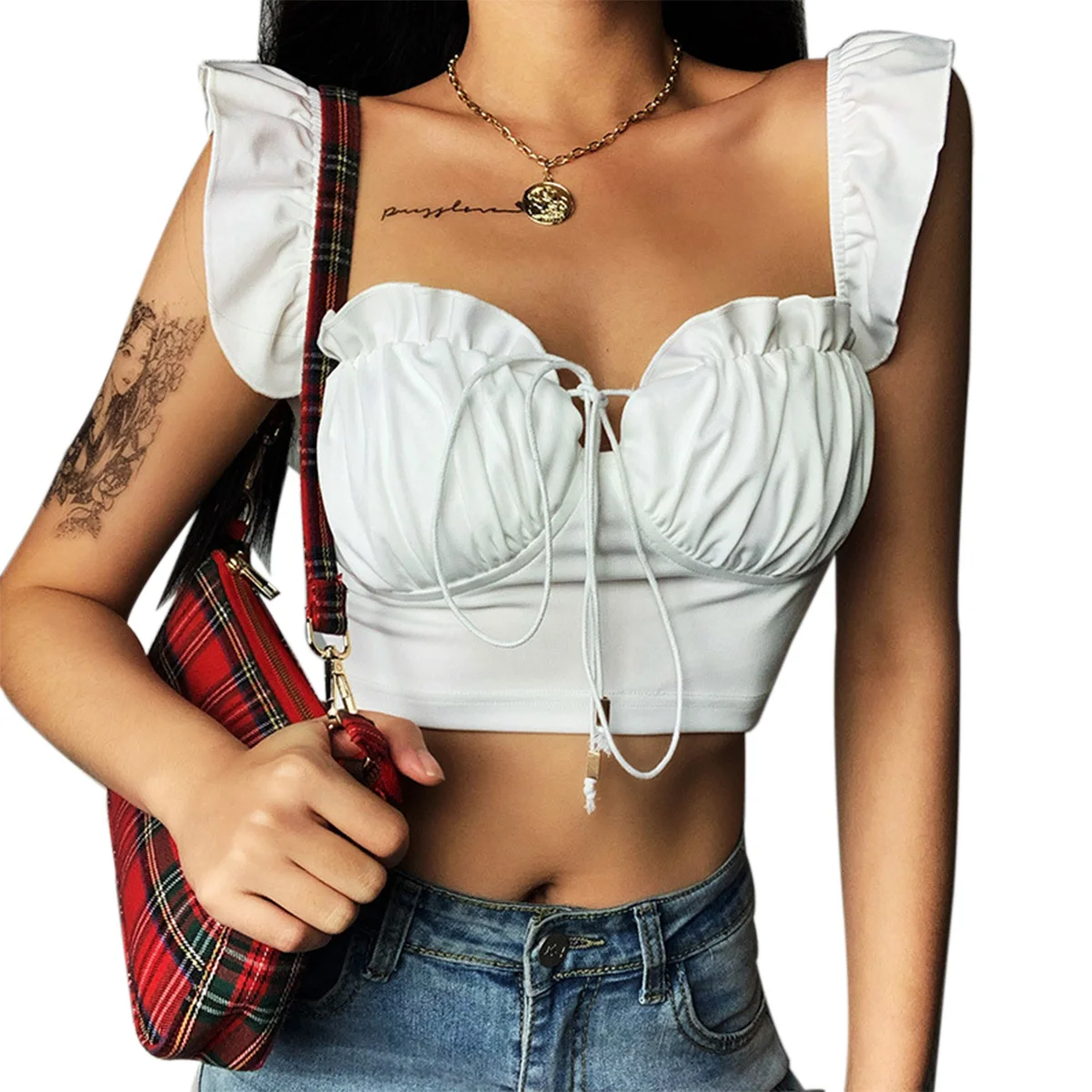 2020 хит продаж сексуальный женский жилет на шнуровке топ бретелях с рюшами