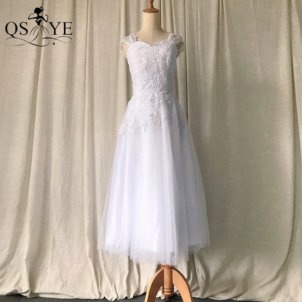 

White Lace Short Wedding Dress A line Bridal Gown Sweetheart Appliques Bride Dress Cap Sleeves Shoulder Marriage Lace up Wedding