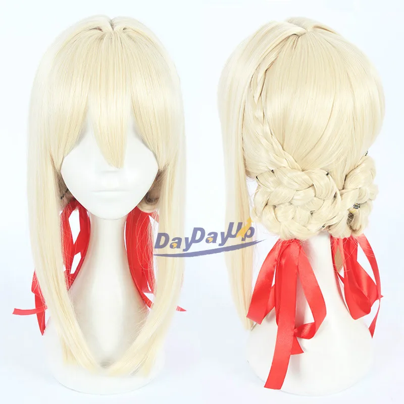 

Violet Evergarden Anime Braid Buns Blonde Role Play Heat Resistant Synthetic Hair Halloween Party Cosplay + Free Wig Cap