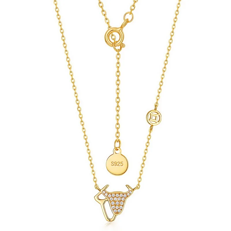 

copper coin Zodiac ox pure silver gold-plated necklace female simple wind cute cow head white zirconium neck chain wholesale