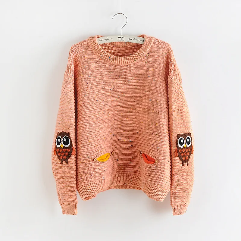 

Owl Character with Pocket Korean Loose Cashmere Sweater Pullovers 2019 Women Fashion Winter Sweater O-neck Knit Tops